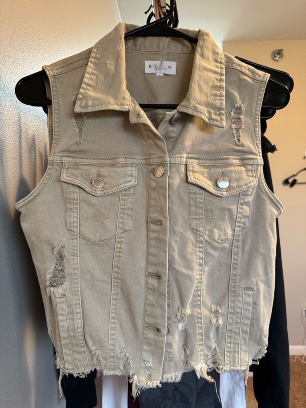 Risen Maryn Distressed Sleeveless Denim Vest - Khaki Size Small